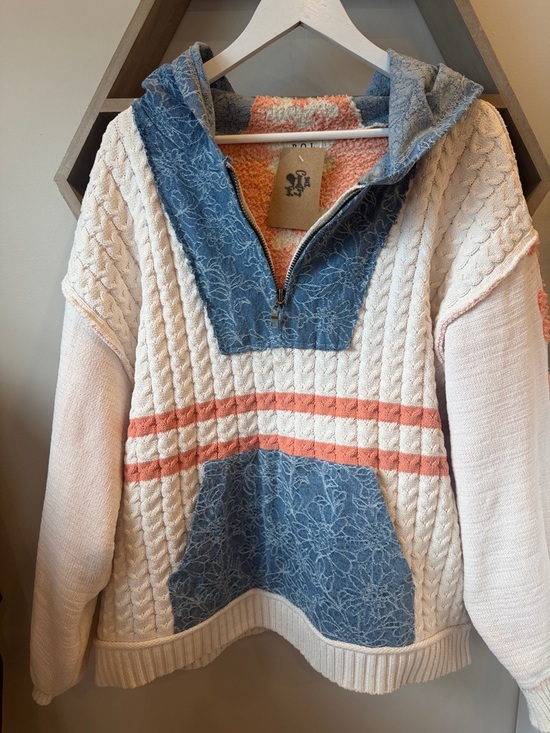 POL Sweaters - POL Cream Cable-Knit Hoodie with Blue Panels and Coral Stripes
